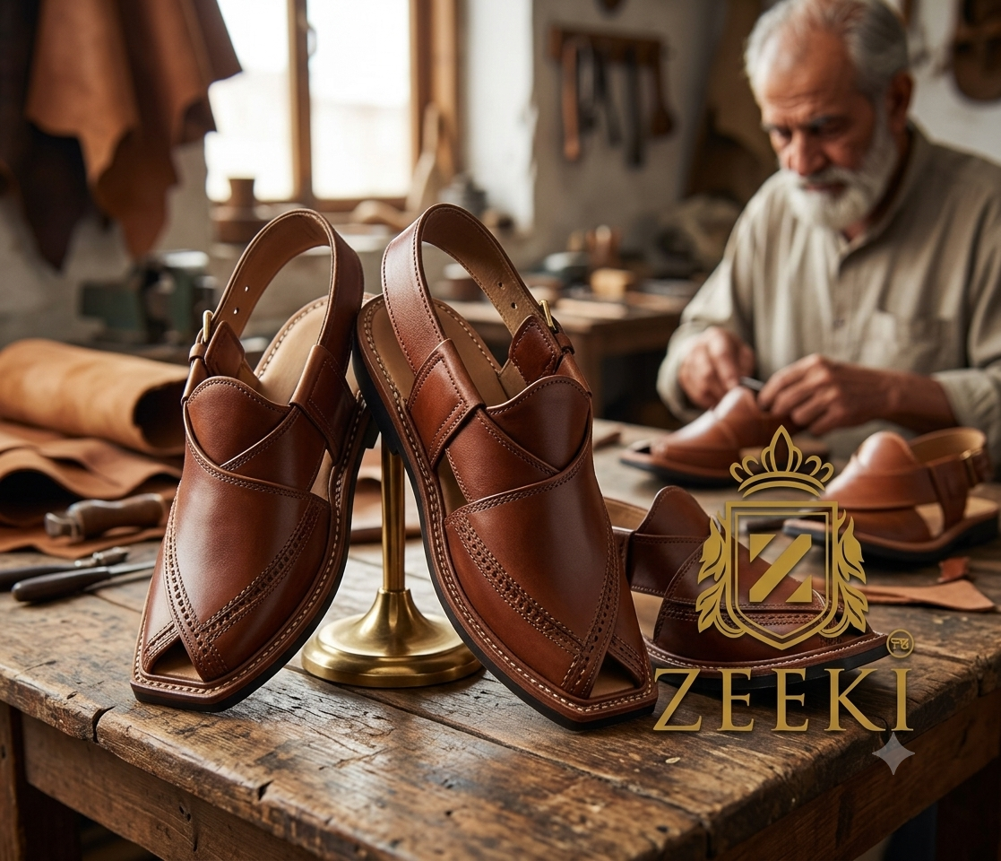 Handcrafted brown Peshawari Chappal by ZEEKI in a traditional leather workshop