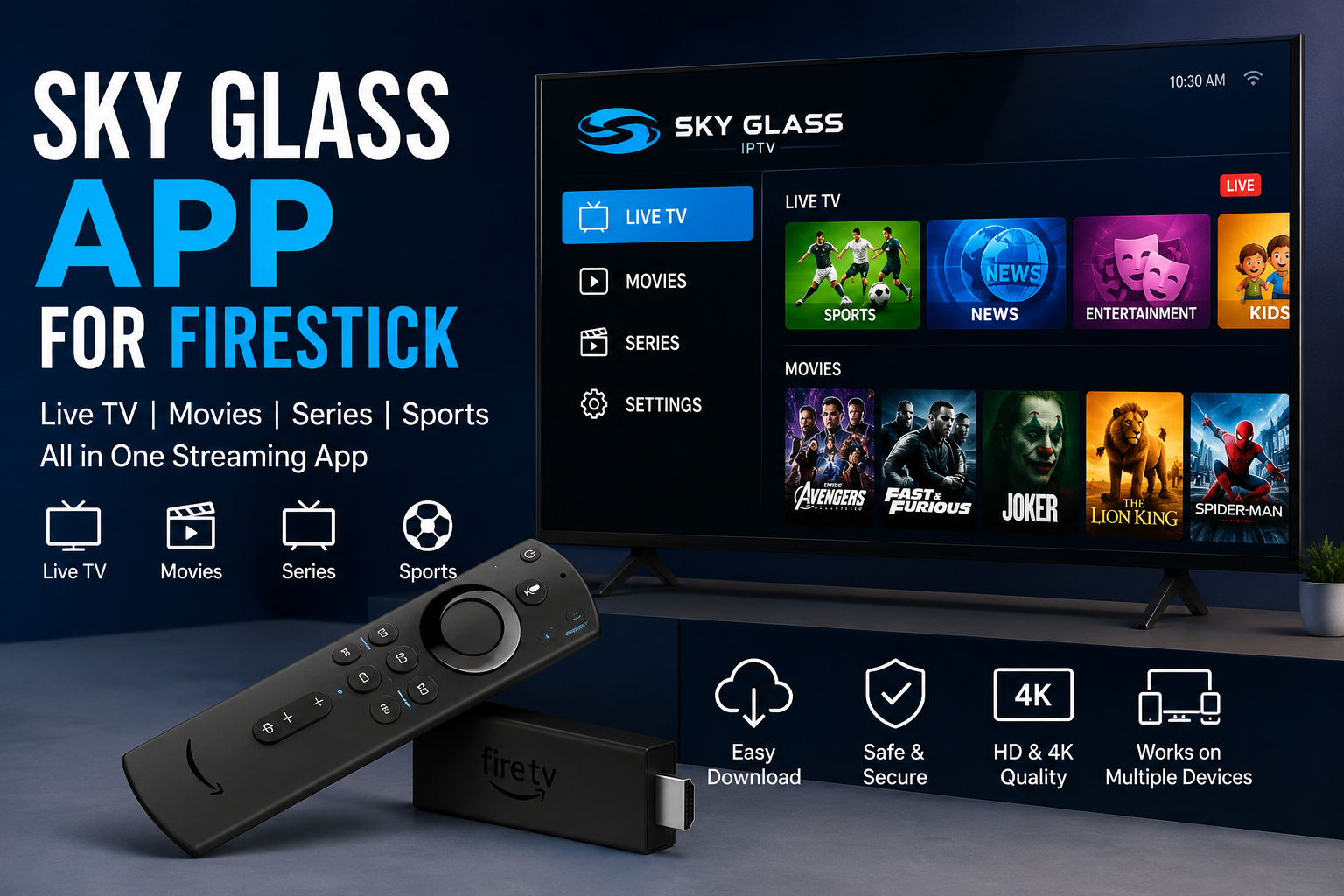 Sky Glass App for Firestick | Complete Setup Guide Download Login & Troubleshooting Sky Glass App for Firestick displayed on Amazon Fire TV Stick with IPTV interface showing live TV, movies, series, sports streaming, HD and 4K entertainment on a smart television.